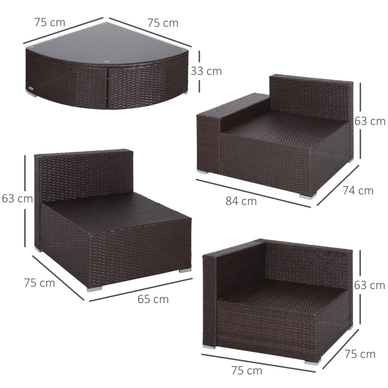 Outsunny Set Salon de Gradina din Rattan din PE de 6 Piese, Canapea cu Perne si Masuta cu Raft de Sticla