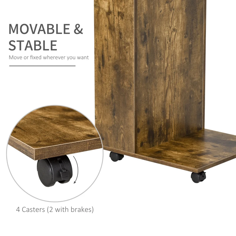 HOMCOM Masuta de Salon Noptiera Design in forma de C cu Raft Compartiment Lateral si Roti