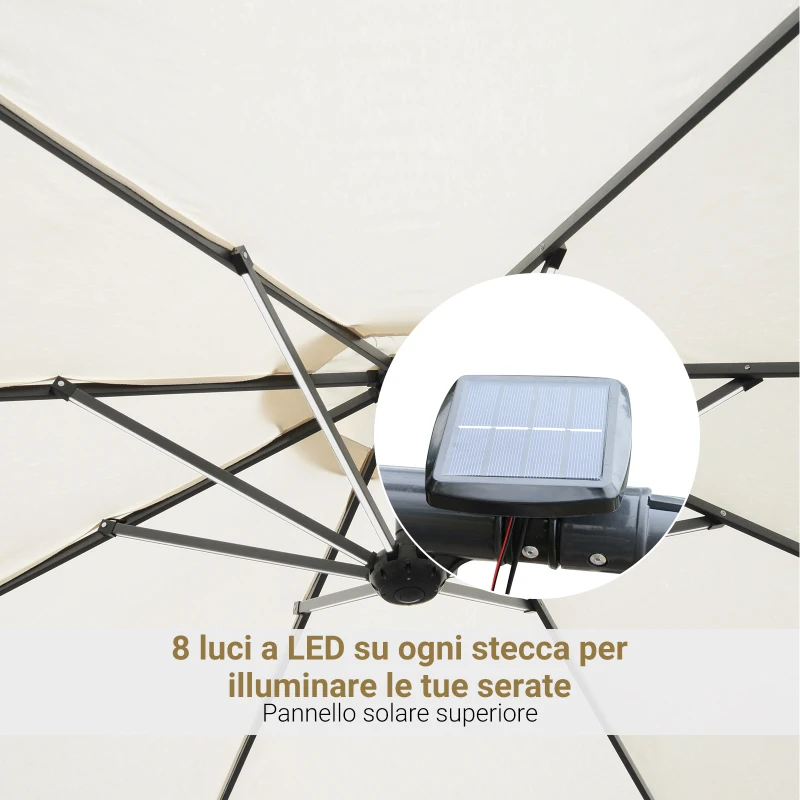 Outsunny Umbrela de Soare cu Brat, Manivela si 8 benzi LED cu Energie Solara
