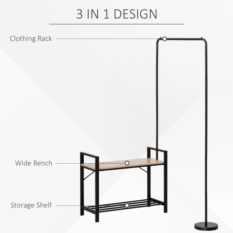 HOMCOM Suport de haine de Perete Bancuta Suport de Pantofi Stalp Pivotant la 360° din Metal Lemn