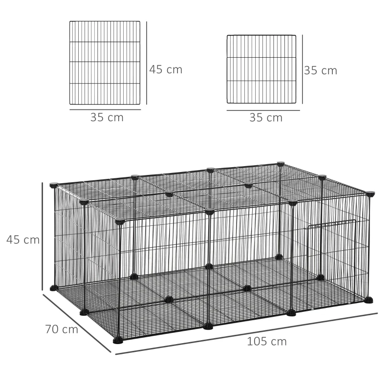 Pawhut Cușcă pentru Iepuri și Animale Mici cu 22 Panouri Modulare din Metal cu Ușă, 105x70x45 cm, Negru