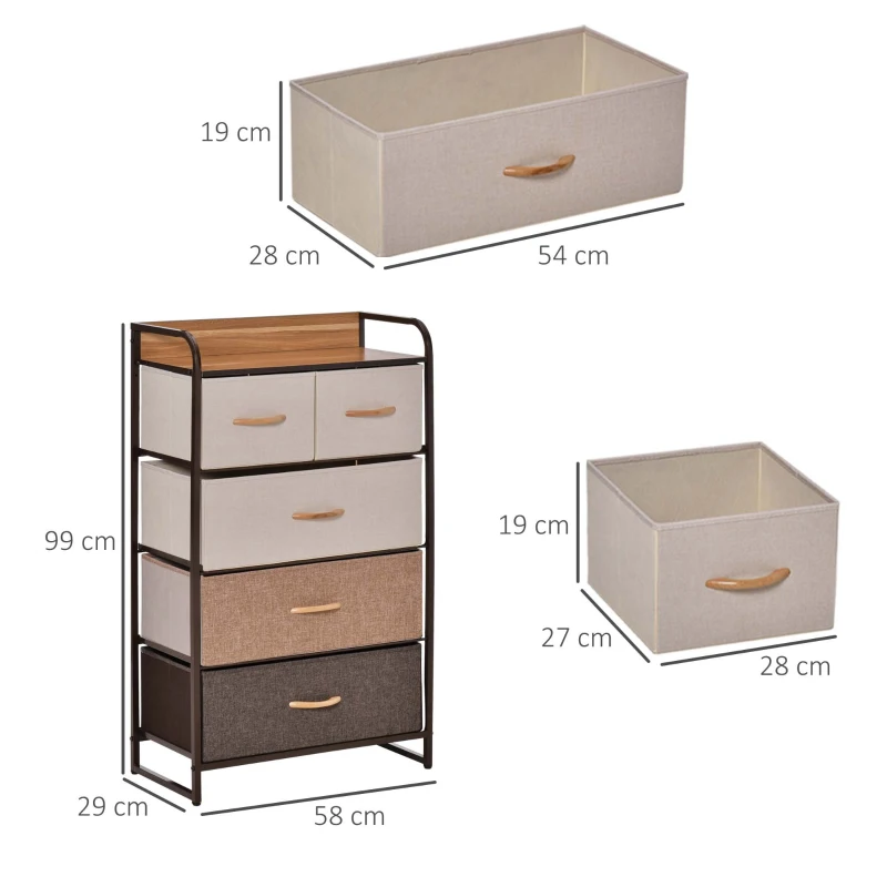 HOMCOM Comoda cu 5 sertare pliabile din material textil Raft din MDF 58x29x99cm
