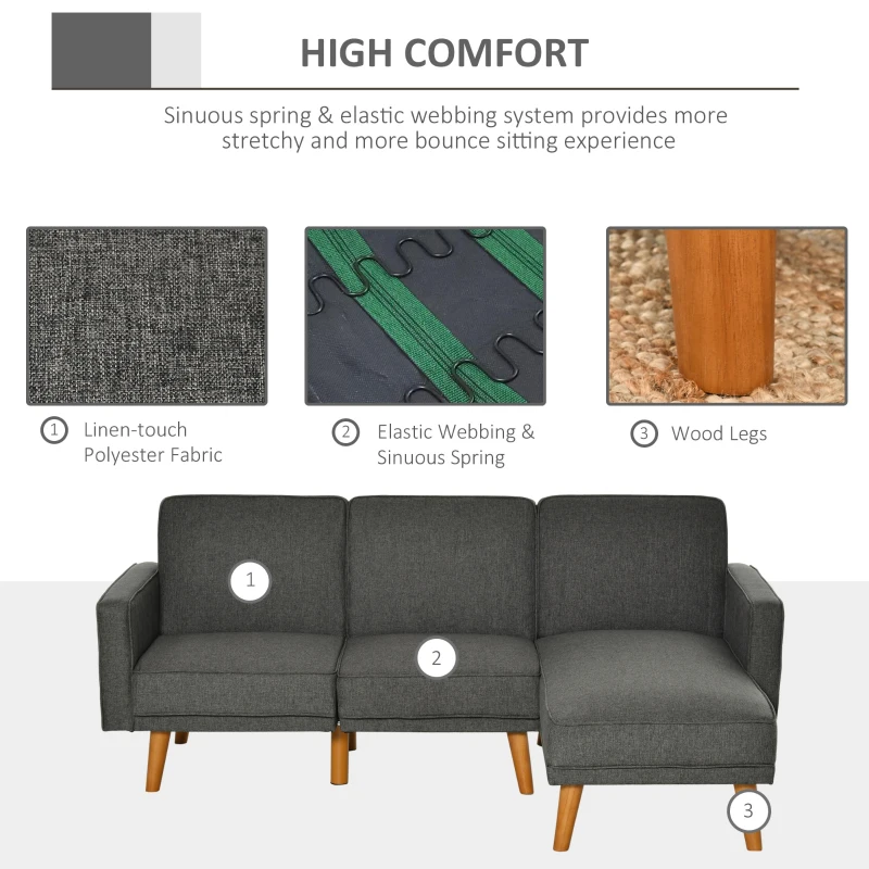 HOMCOM Canapea Extensibila pe Colt cu 3 Locuri din Tesatura Gri Lounge Reversibil