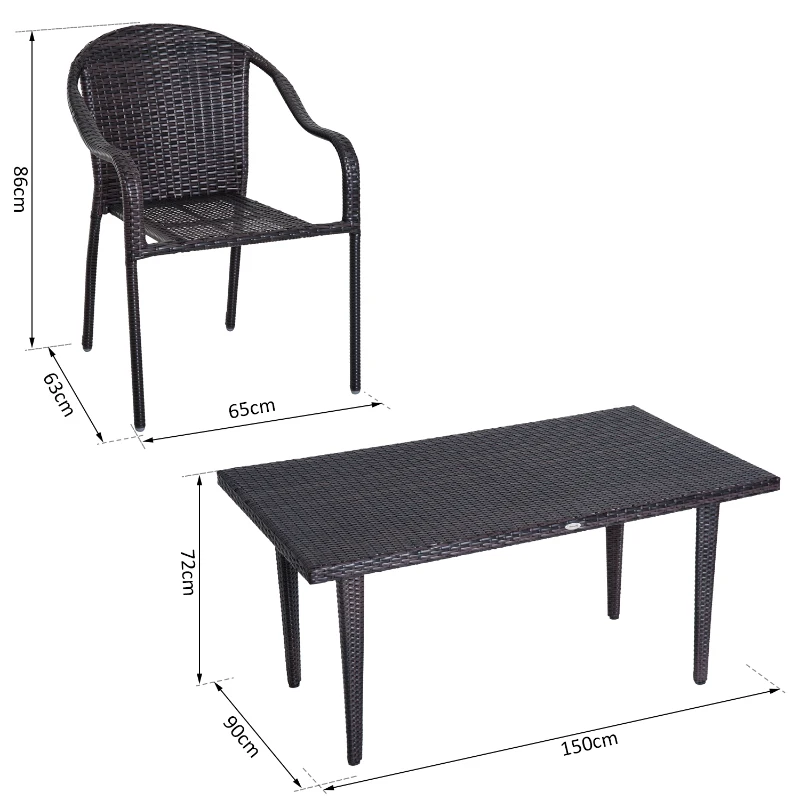 Outsunny Set Masa de Pranz si 6 Scaune Impletite cu Rattan Gradina Externa Maro