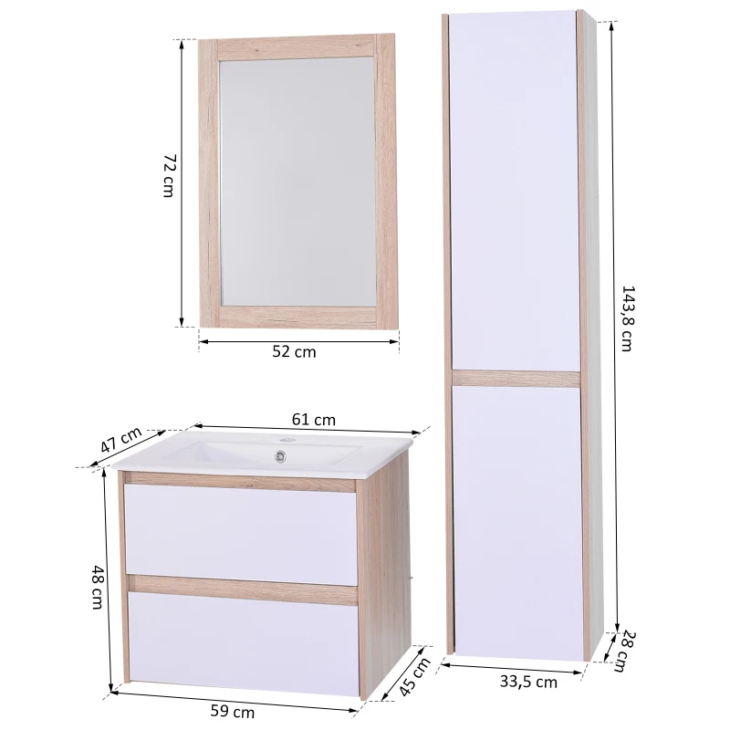 kleankin Set 4 Pzi Mobili a Sospensione Bagno in Ceramica e MDF Color Rovere