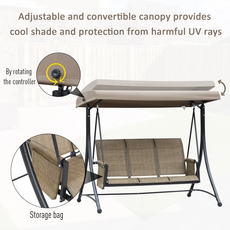 Outsunny Balansoar de Gradina cu 3 Scaune, Acoperis si Buzunare de Depozitare, Gri