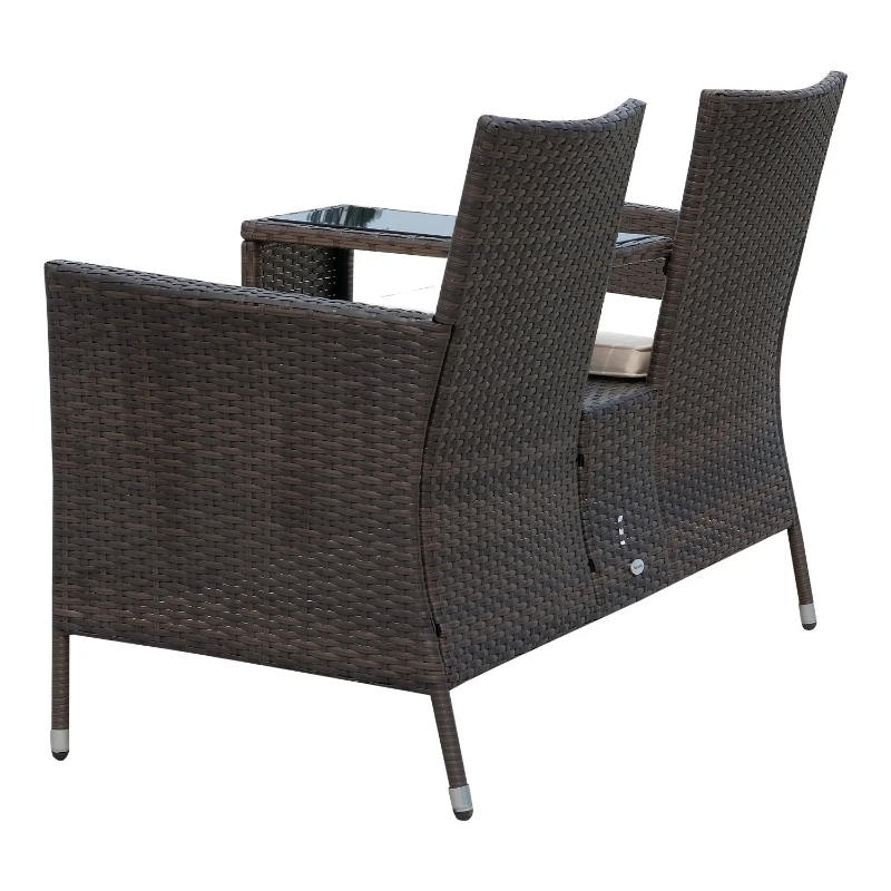 Outsunny Canapea de Gradina 2Locuri cu Masa si Perne in PE Rattan, 63x133x84cm, Maro