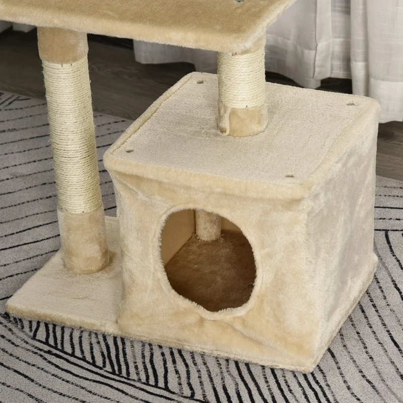 PawHut Centru de activitati cu spatiu pentru zgariat si culcus pentru pisici minge sfoara din sisal plus din lemn bej