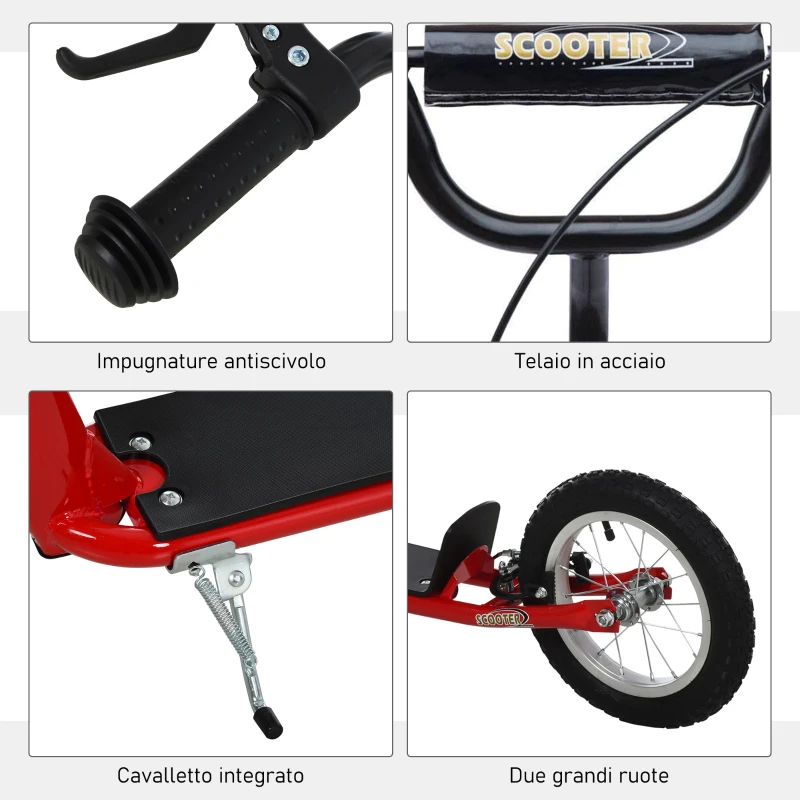 HOMCOM Trotineta cu Ghidon Reglabil, Roti Mari Frana si Cadru din Otel Rosu