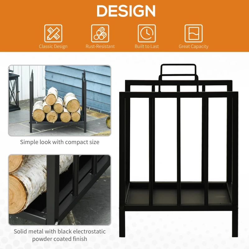Outsunny Suport pentru Lemne din Metal, cu 2 Mânere și Bază Ridicată pentru 50kg de Lemne, 39x32.5x46 cm, Negru