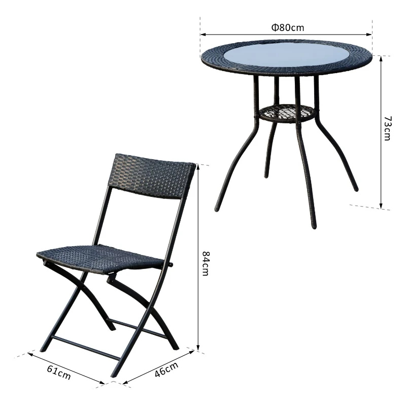 Outsunny Set 5 Mobiliere de Gradina in Rattan 4 Scaune Pliabile 1 Masuta in Sticla Securizata Monostrat, Negru