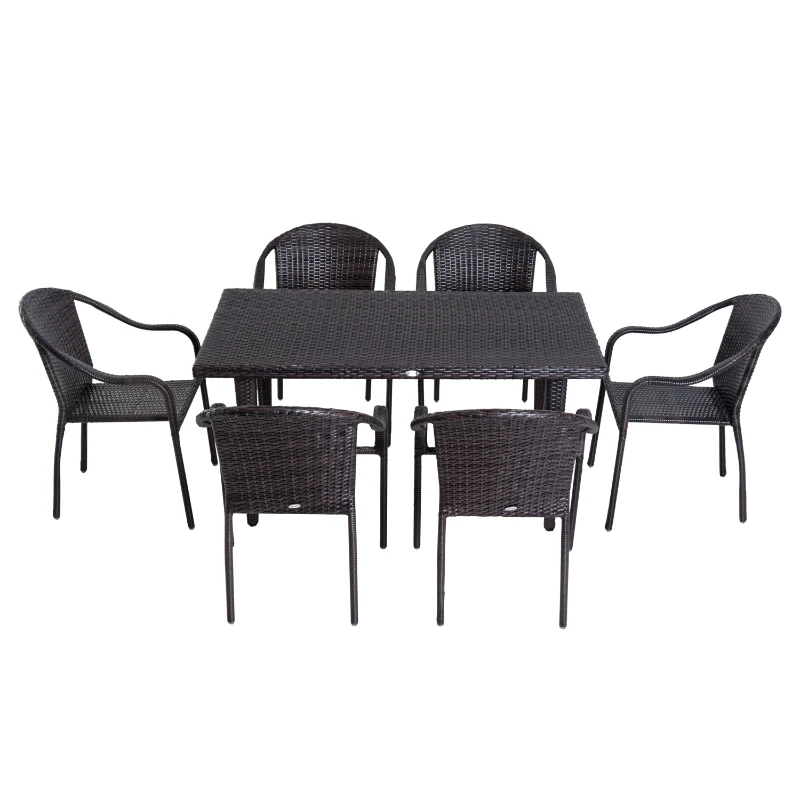 Outsunny Set Masa de Pranz si 6 Scaune Impletite cu Rattan Gradina Externa Maro