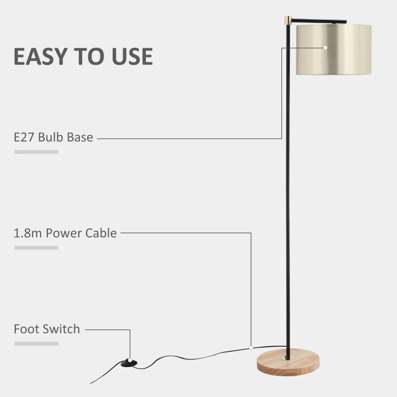 HOMCOM Lampă de podea cu abajur din material textil și bază din lemn, Fixare E27, 48x32x152cm - auriu / negru