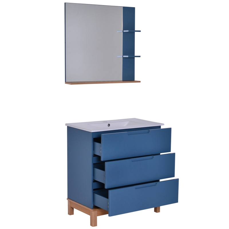 Kleankin Set Arredo Bagno 3 Pezzi Mobiletto Lavandino e Specchio in MDF Blu