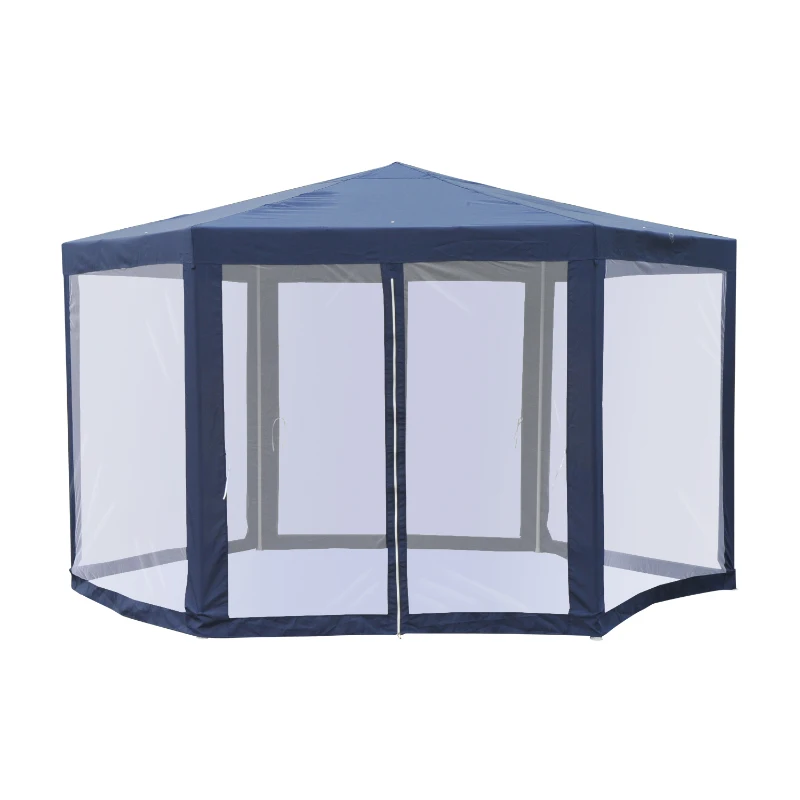 Outsunny Foisor cu Forma Hexagonal de Gradina Schelet din Fier cu 6 Plase pentru Tantari, Albastru/Alb,195x250x197cm