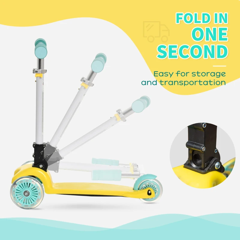 HOMCOM Trotineta Pliabila 3 Roti iluminata cu LED pentru baieti si fete 3-8 ani - Galbena/Verde