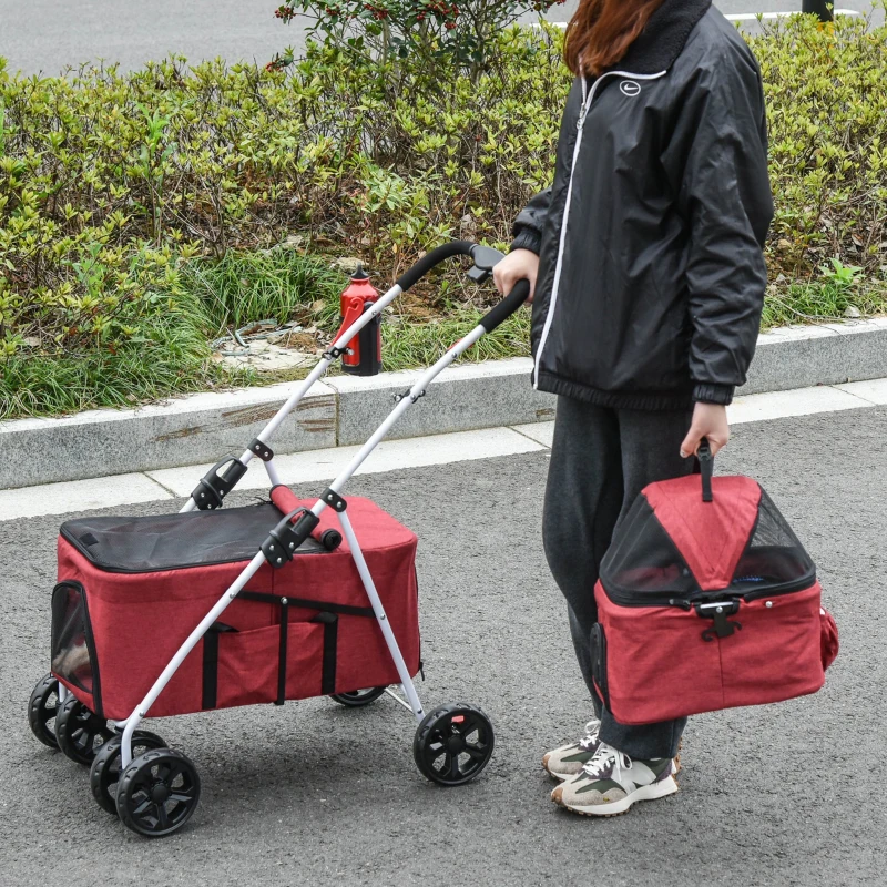 PawHut Carucior pentru Caini si Pisici Pliabil pentru 2 Animale de 5kg 15kg Rosu