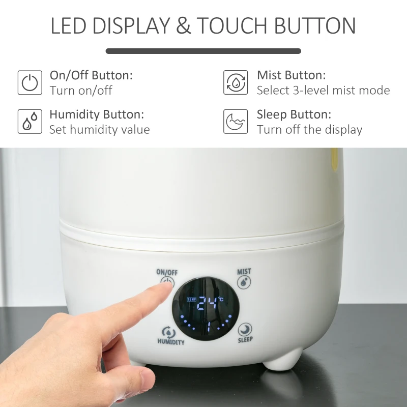 HOMCOM Umidificator Ultrasunete pentru per Spaţii de 4.8L pentru Casa sau Birou Alb