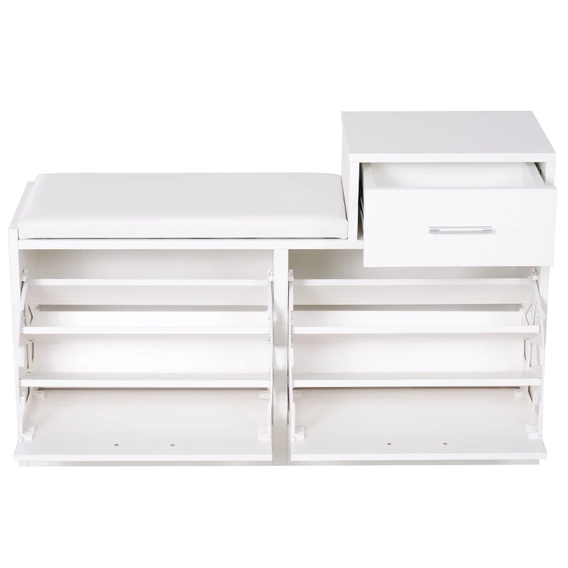 HOMCOM Dulap Pantofi Robust Design Moderno 6 Perechi de Pantofi Scaun cu Perna pentru Hol in Lemn Granulat 94,5 x 57 x 30 cm Bianco(m-4)