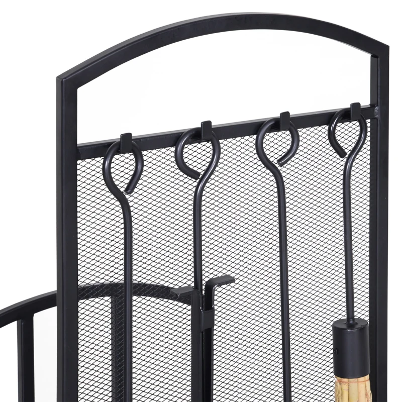 HOMCOM Suport pentru Lemne de Interior si Exterior din Metal cu Manere si 4 Unelte pentru Semineu Incluse - Negru