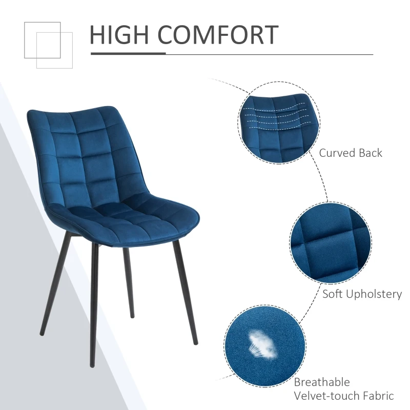 HOMCOM Set 2 Scaune Moderne Captusite pentru Sufragerie Stil Nordic Catifea Albastru
