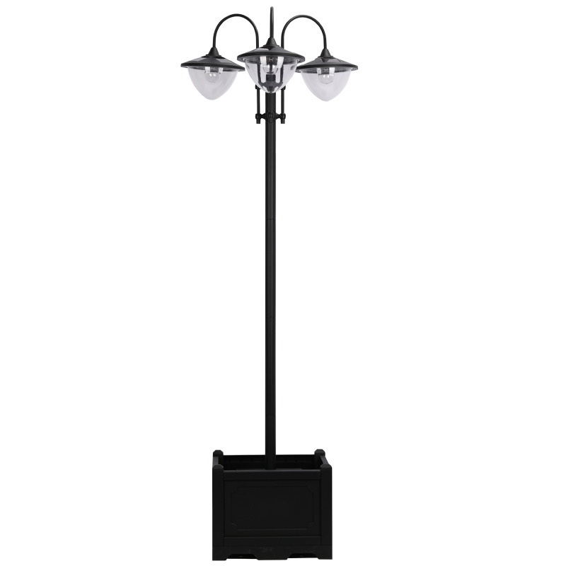 Outsunny Lampadar de grădină solar LED cu 3 capete 150 Lm și jardiniera integrată dim. 41,5L x 41,5l x 189H cm negru