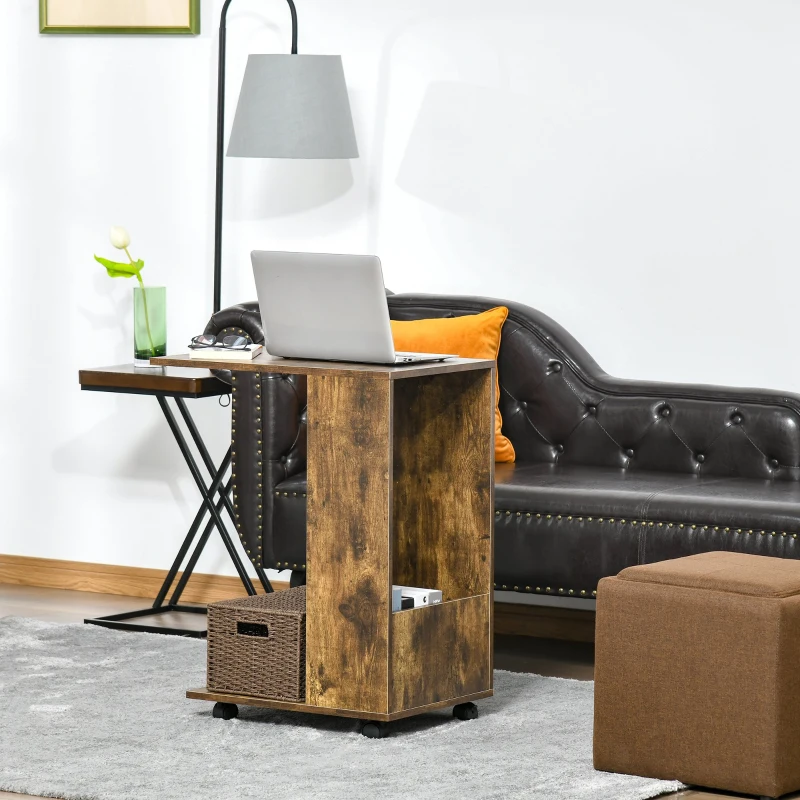 HOMCOM Masuta de Salon Noptiera Design in forma de C cu Raft Compartiment Lateral si Roti