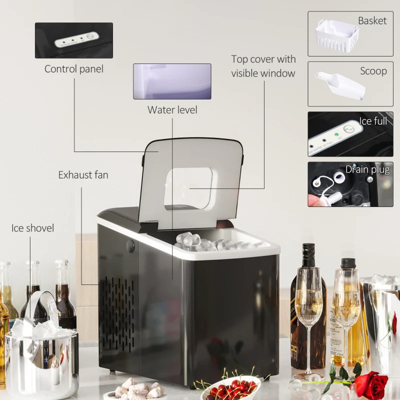 HOMCOM Masina pentru Gheata pentru Casa Producator de Ghiata 12kg/24h Neagra