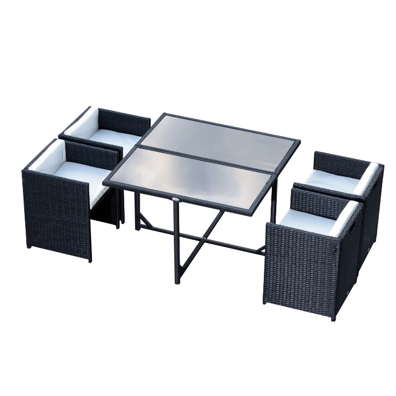 Outsunny Set Mobilier de Grădină cu Masă de Prânz, 4 Scaune și Perne, 109x109x72 cm, Negru