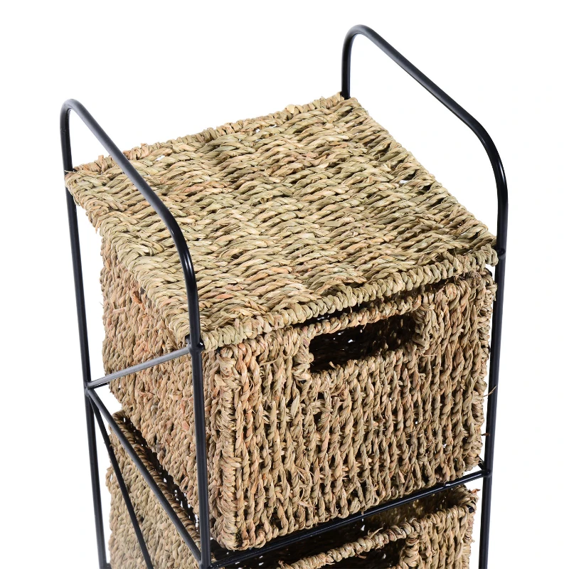 HOMCOM Mobilier cu 4 Coșuri pentru Casă din Alge marine și Fier, 20x20x78cm Negru și culoare naturală
