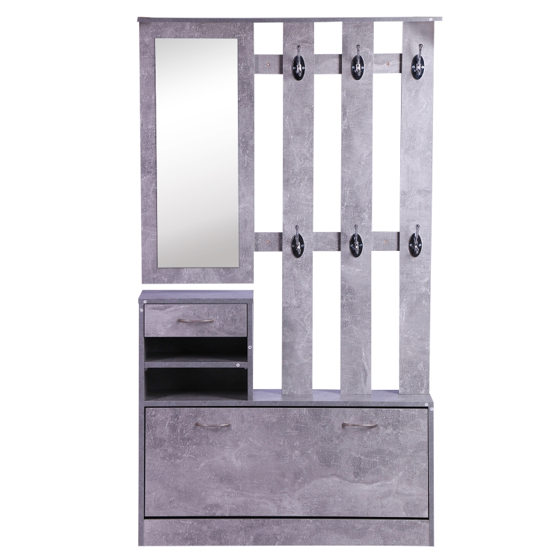 Homcom Garderoba pentru Intrare, cu Oglinda, Cuier si Pantofar Reglabil, Gri ciment, 90x22x116 cm