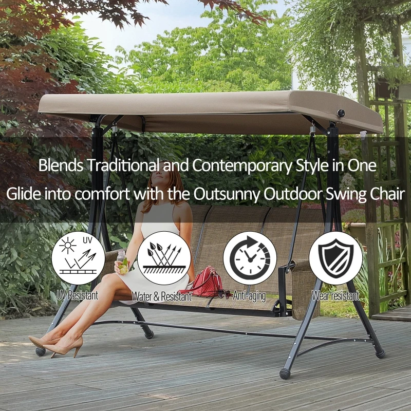 Outsunny Balansoar de Gradina cu 3 Scaune, Acoperis si Buzunare de Depozitare, Gri