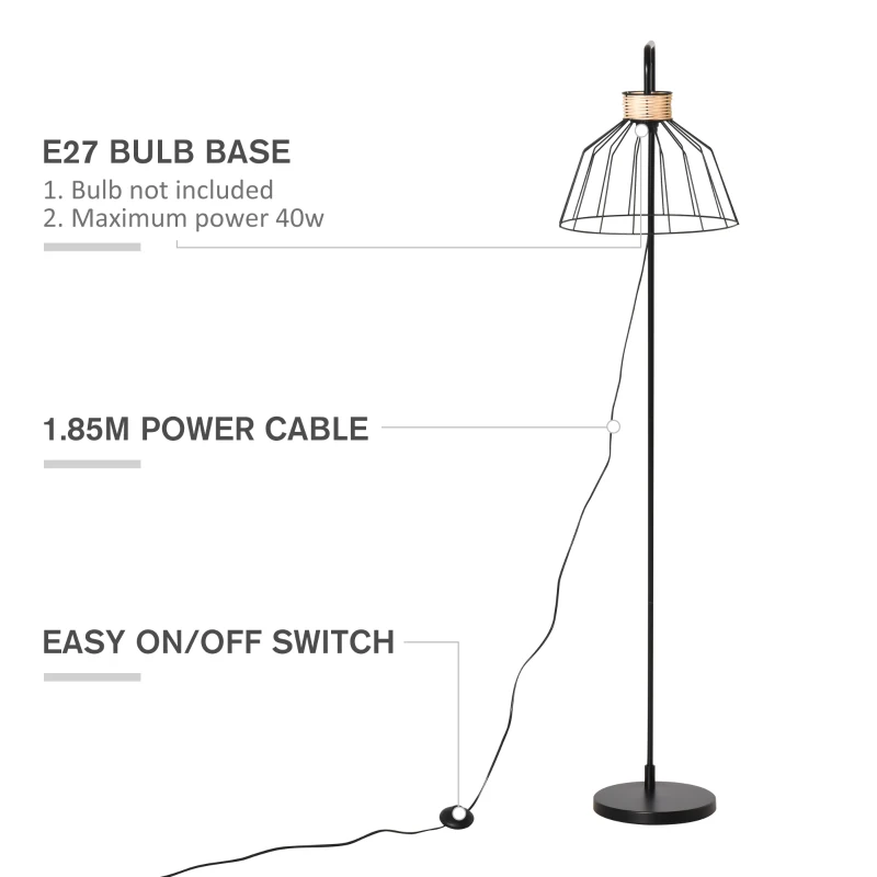 HOMCOM Lampa de podea cu abajur metalic, Stil industrial, 44x34x154 cm, Negru