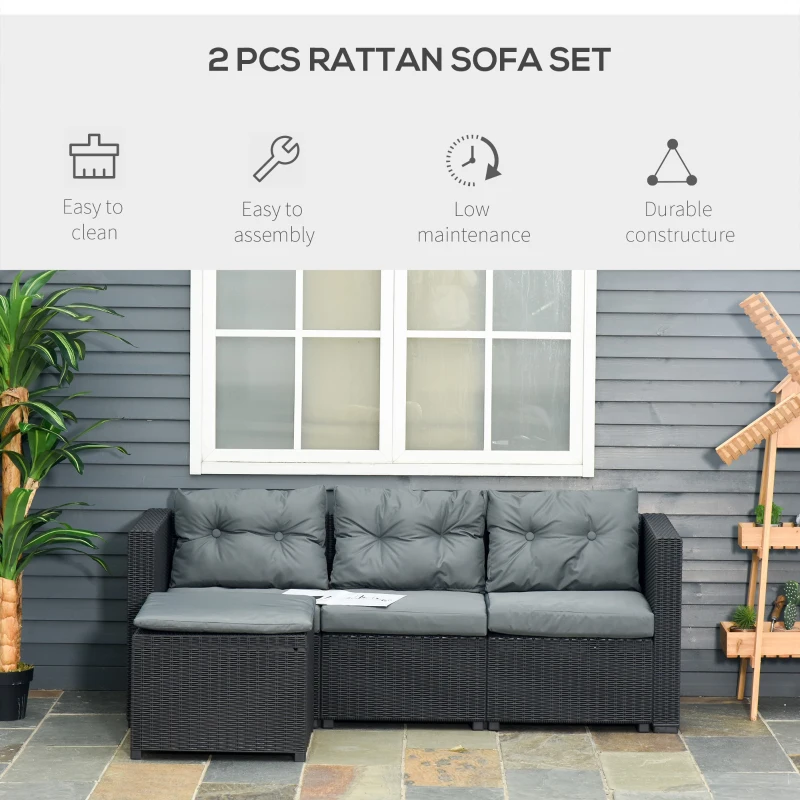 Outsunny Set Mobilier de Gradina Canapea cu 3 Locuri din Ratan PE si Suport pentru Picioare / Masuta