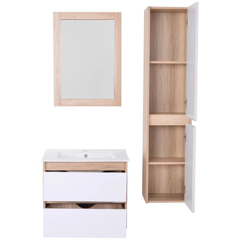 kleankin Set 4 Pzi Mobili a Sospensione Bagno in Ceramica e MDF Color Rovere