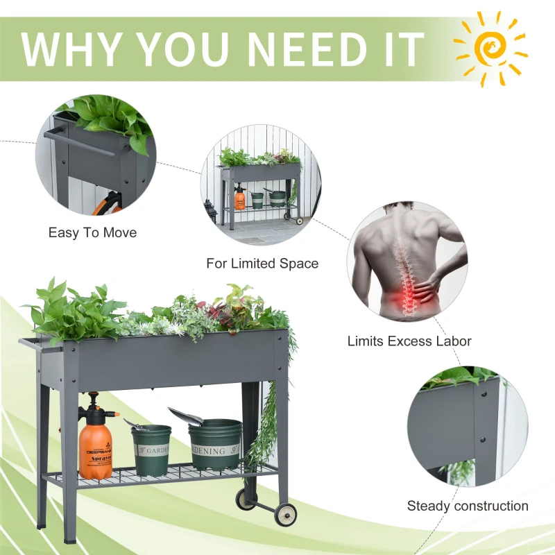 Outsunny Ghiveci pentru Plante cu Roti Raft si Maner in Metal, Gri 104L x 39L x 80Hcm