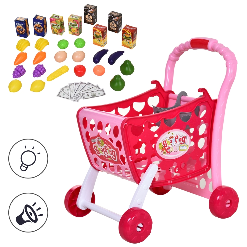 Homcom Carucior de cumparaturi Jucarie pentru Copii + 3 ani cu 38 Accesorii incluse, Sunet si Lumina, Roz 41.5x33.5x48.5cm