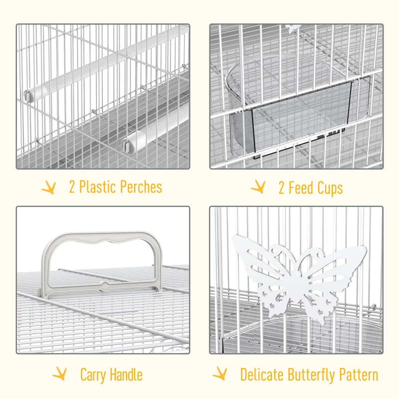 Colivie pentru Pasari din Metal cu Stinghii, Boluri pentru Mancare si Maner, 60x41x41cm, Alb