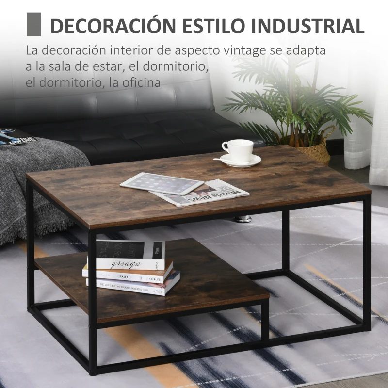 HOMCOM Mesa de Centro Industrial Mesa de Café Diseño Retro Estante Inferior Base de Metal Estable 100x60x50 cm Color Madera Envejecida