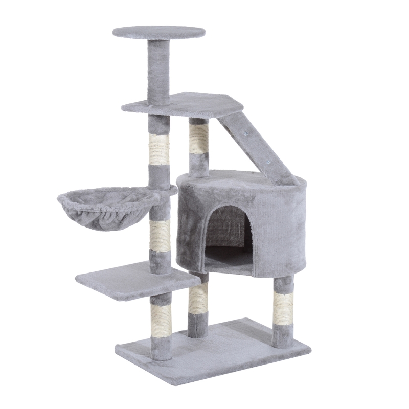 PawHut Rascador Árbol para Gatos Rascador de Gatos Barato con Postes Escalera Cueva Espaciosa Hamaca Plataformas Centro de Actividades Sisal Natural 55x40x125cm Gris