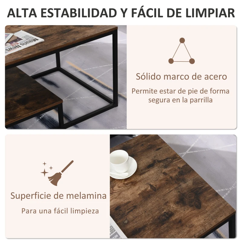 HOMCOM Mesa de Centro Industrial Mesa de Café Diseño Retro Estante Inferior Base de Metal Estable 100x60x50 cm Color Madera Envejecida