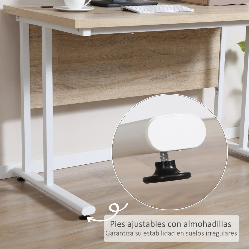 HOMCOM Escritorio Mesa de Ordenador Moderna con 2 Orificios para Cables con Pies Ajustables Mesa Multifuncional para Oficina Estudio 120x60x75 cm Roble