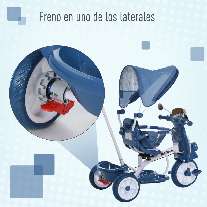 HOMCOM Triciclo Evolutivo Infantil 3 en 1 para Niños +12 Meses con Función de Luz y Música Barra de Seguridad y Toldo Retráctil Asiento Giratorio 360° 93x51x94 cm Azul