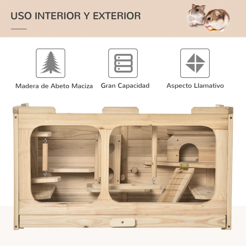 PawHut Jaula de Madera para Hámster Ratones Casa de Roedores con 2 Escondites Techo Abatible Bandeja Extraíble Múltiples Plataformas Rampa y Columpios 78x40x44 cm Natural