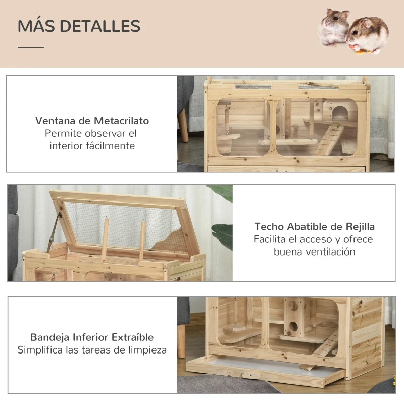 PawHut Jaula de Madera para Hámster Ratones Casa de Roedores con 2 Escondites Techo Abatible Bandeja Extraíble Múltiples Plataformas Rampa y Columpios 78x40x44 cm Natural