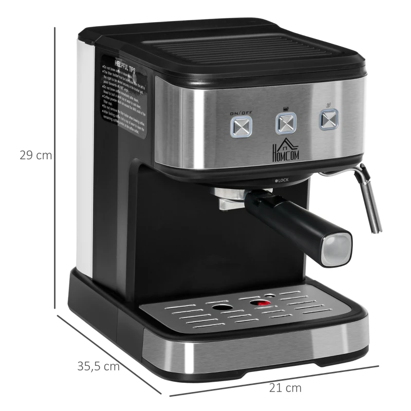 HOMCOM Cafetera Semiautomática 850W de 15 Bares de Presión con Depósito 1,5L Espumador de Leche para Espresso Capuccino Latte Macchiato Vaporizador Orientable 35,5x21x29 cm Negro