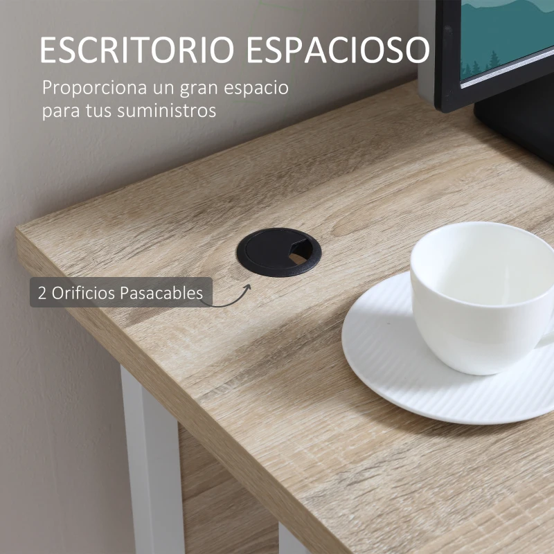 HOMCOM Escritorio Mesa de Ordenador Moderna con 2 Orificios para Cables con Pies Ajustables Mesa Multifuncional para Oficina Estudio 120x60x75 cm Roble
