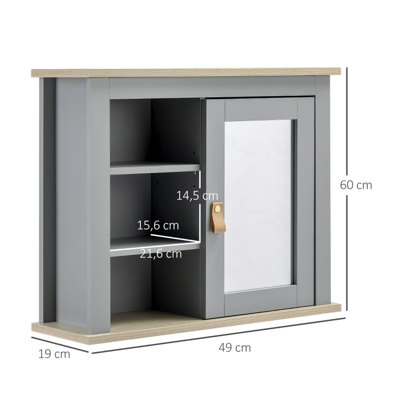 kleankin Armario de Baño con Espejo Armario Auxiliar de Pared con 1 Puerta y Estantes Ajustables Espacio de Almacenaje para Cocina Recibidor 60x19x49 cm Gris