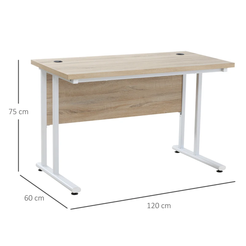 HOMCOM Escritorio Mesa de Ordenador Moderna con 2 Orificios para Cables con Pies Ajustables Mesa Multifuncional para Oficina Estudio 120x60x75 cm Roble