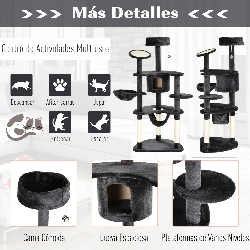 PawHut Árbol Rascador para Gatos Grande 65x50x155 cm Centro de Actividades para Mascotas con Postes Rascadores Tableros Caja Hamaca Canasta Sisal Peluche Gris Oscuro